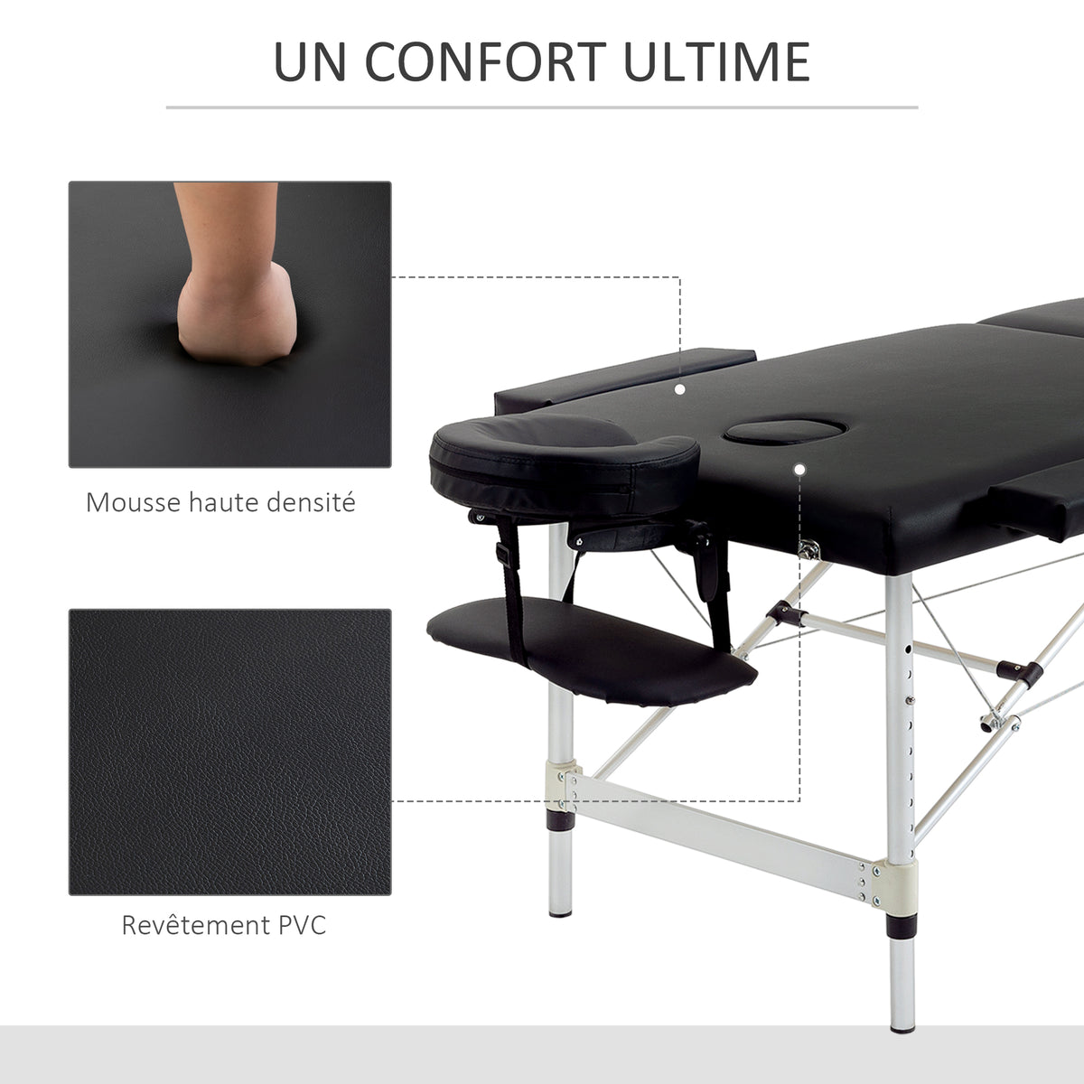 Table de massage pliable portable + housse de transport charge max. 225 Kg hauteur réglable 210 x 90 cm noir