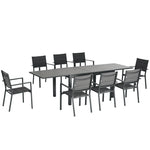 Salon de jardin table extensible 135-270 cm en aluminium et textilène 6/10 personnes 8 chaises empilables gris