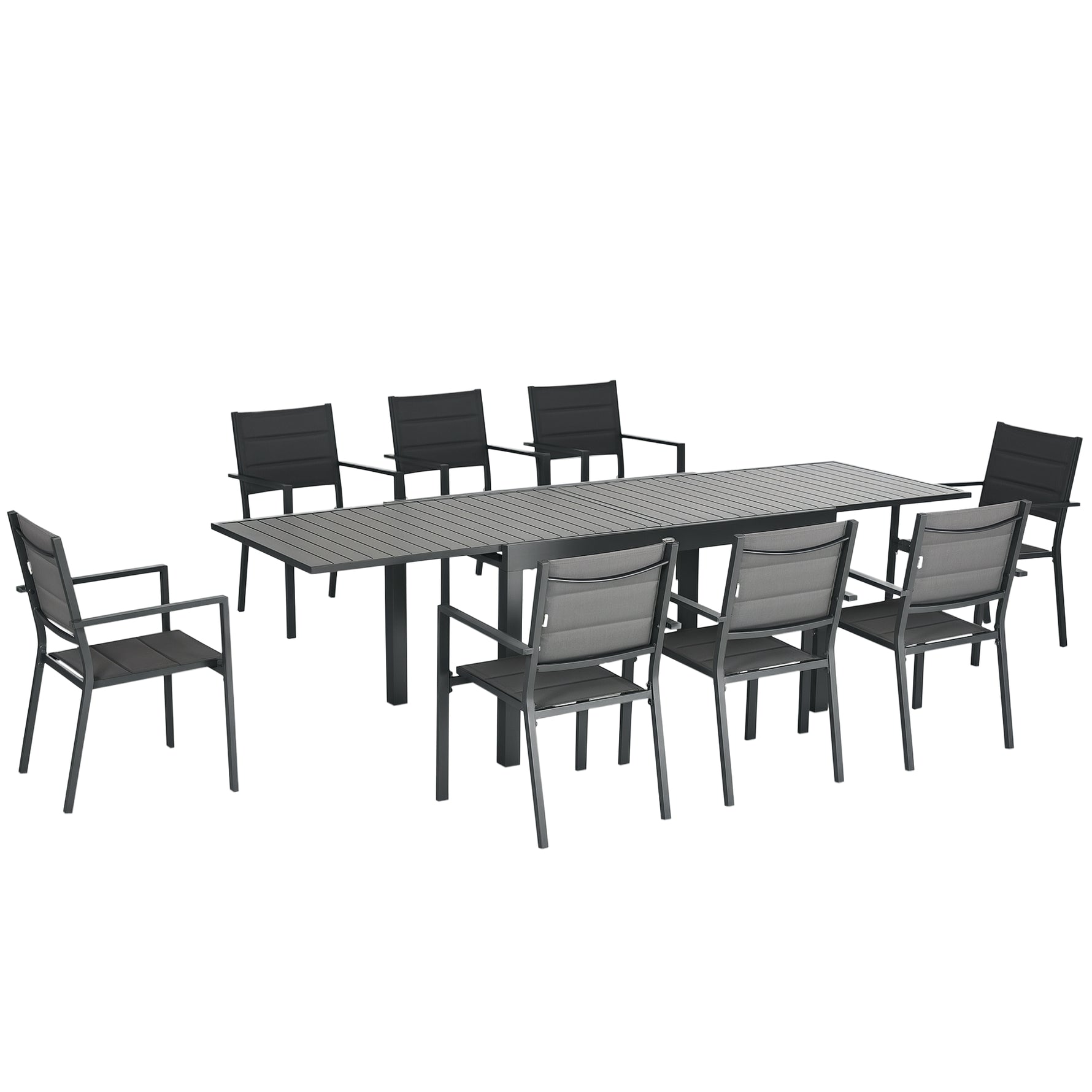 Salon de jardin table extensible 135-270 cm en aluminium et textilène 6/10 personnes 8 chaises empilables gris