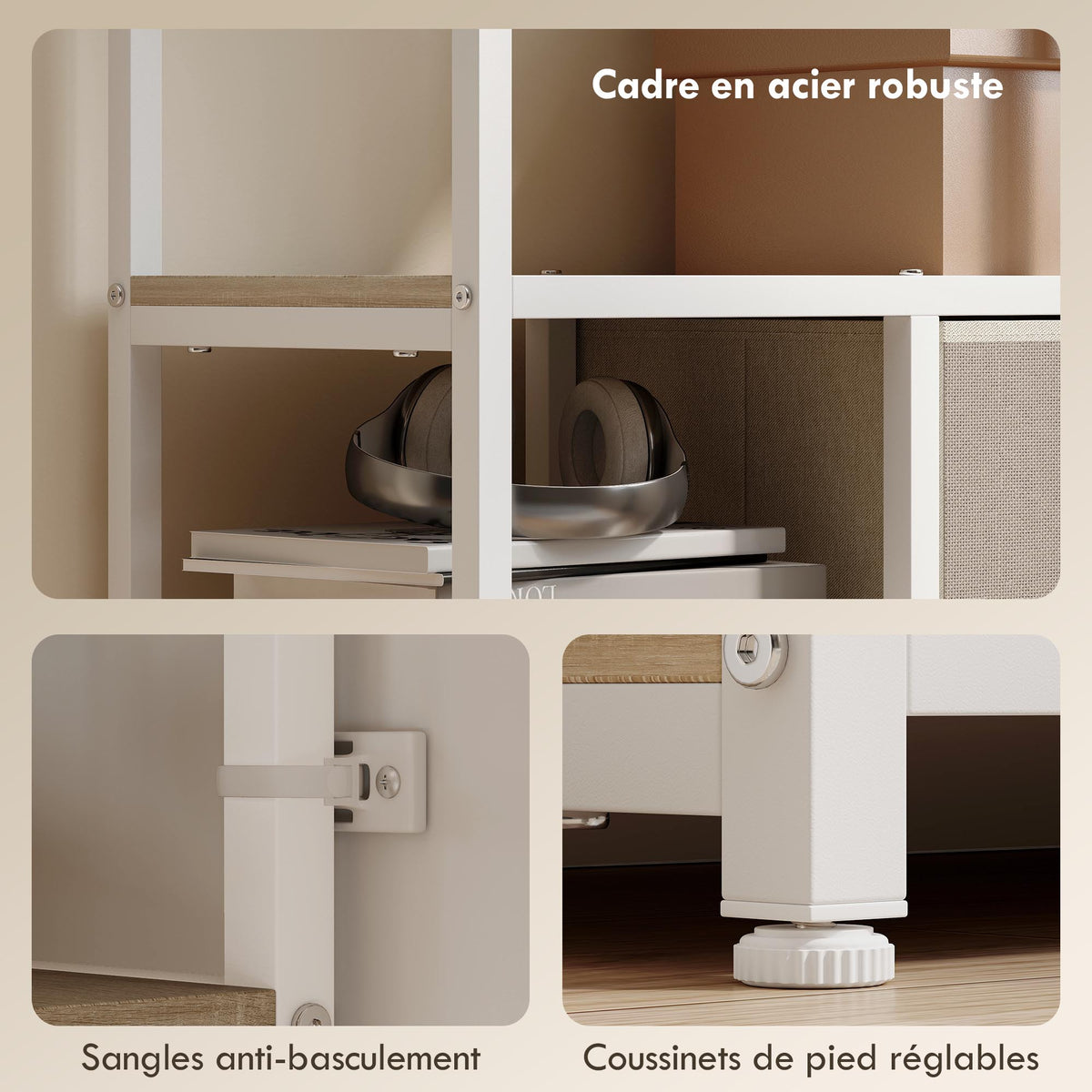 Étagère de rangement 6 niveaux, bibliothèque avec 2 tiroirs en tissu, 9 étagères ouvertes, 72,5 x 30 x 150 cm, blanc