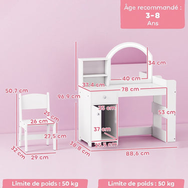 Coiffeuse pour enfants avec tabouret et miroir LED, table de maquillage pour 3 à 8 ans, 88,6 x 38,8 x 96,9 cm, blanc