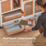 Clapier Lapin Intérieur sur Roulettes 2 Niveaux, Enclos, Rampe, 2 Portes Verrouillables, 2 Plateaux, 110x50x88cm, Jaune