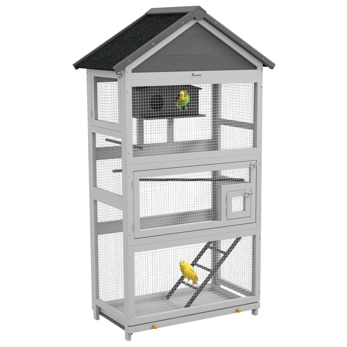 Houten vogelkooi papegaaienkooi speelplaats waterdicht asfalt dak 92 x 52 x 171 cm grijs