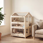 Cage Hamster 3 Étages en Bois avec Bac Amovible, Couvercle Ouvrant, Bascule, Cabane, Fenêtre, 68x61,5x90cm, Naturel
