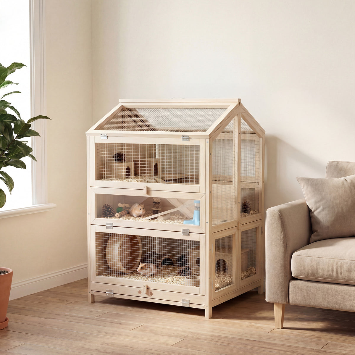 Cage Hamster 3 Étages en Bois avec Bac Amovible, Couvercle Ouvrant, Bascule, Cabane, Fenêtre, 68x61,5x90cm, Naturel