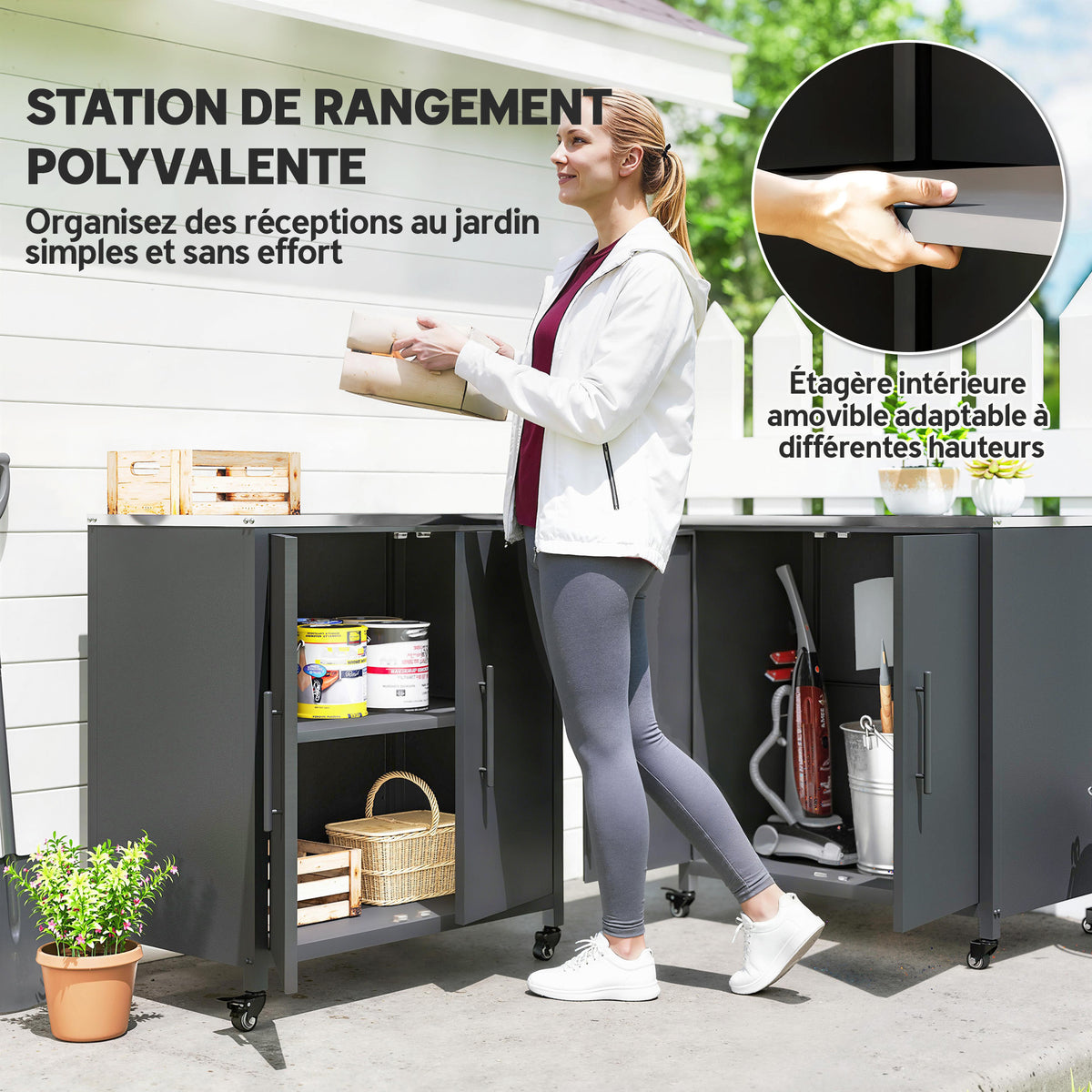 Gartenschrank aus Metall, Outdoor-Aufbewahrungsschrank, Edelstahl-Dach und Rollen, Schwarz