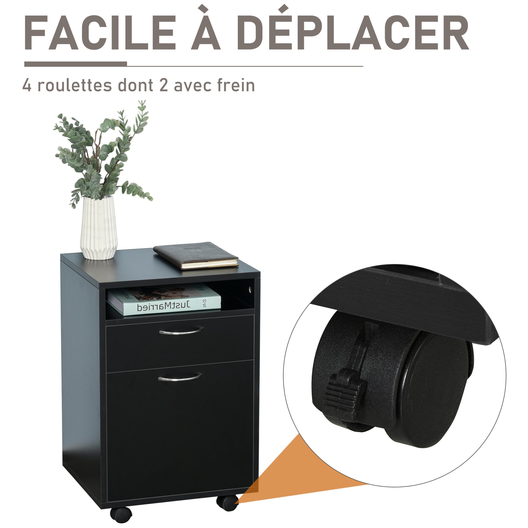 Caisson de bureau rangement bureau sur roulettes tiroir placard niche panneaux particules noir