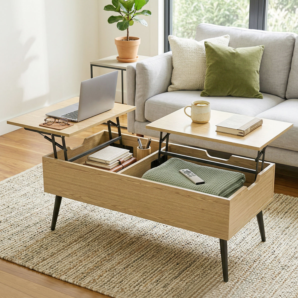 Table basse relevable avec double plateau, table de salon avec compartiment caché et pieds en métal, bois naturel