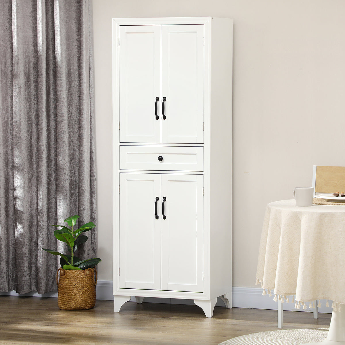 Credenza alta mobile da cucina 4 ante 2 scomparti e 1 cassetto centrale altezza 170 cm con ripiano regolabile bianco