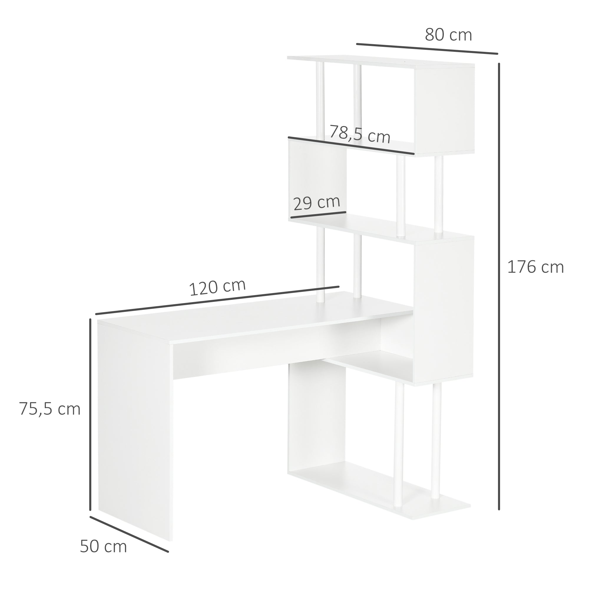 Bureau d'angle bureau informatique en forme de L avec étagères à 4 niveaux en bois 120 x 80 x 176 cm blanc
