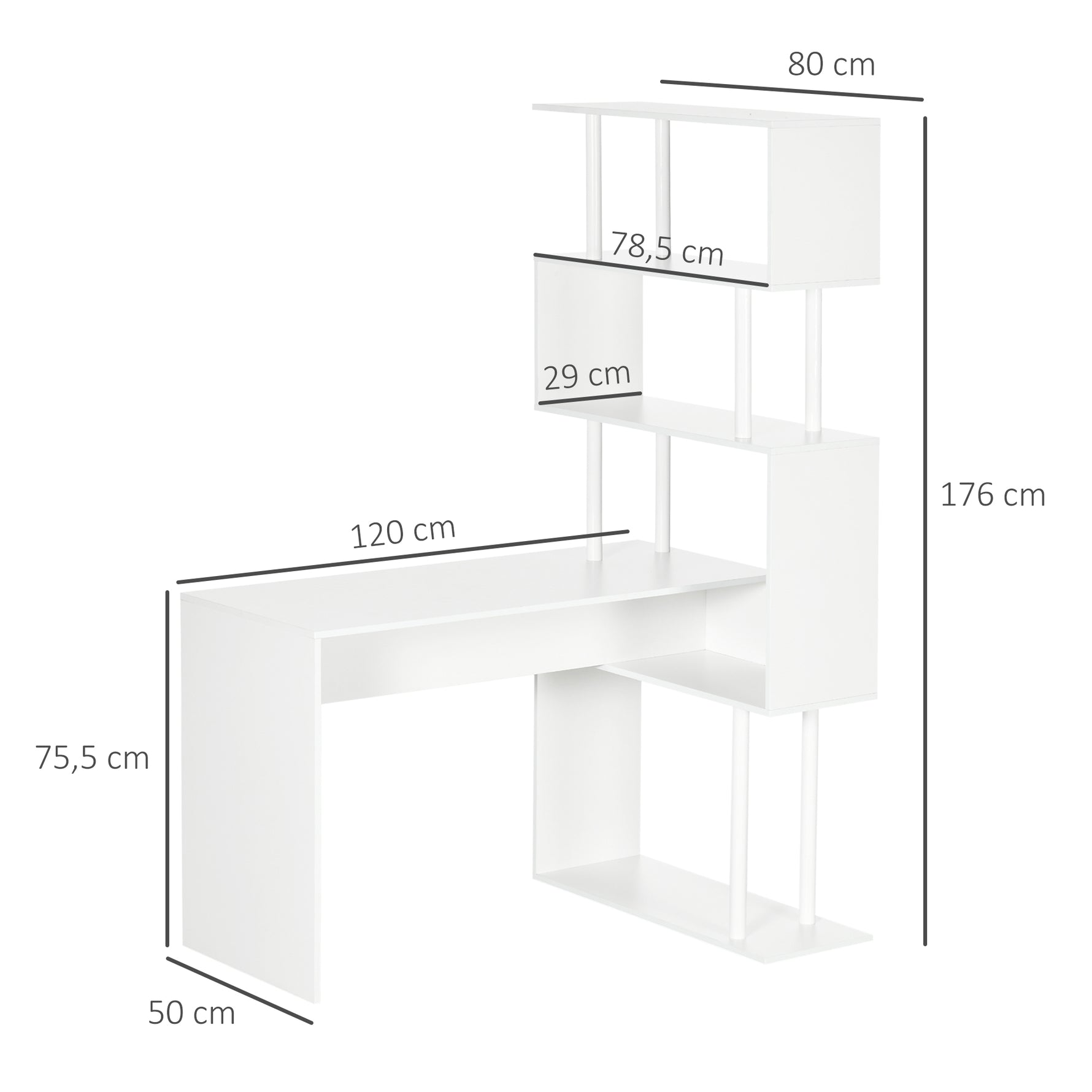 Bureau d'angle bureau informatique en forme de L avec étagères à 4 niveaux en bois 120 x 80 x 176 cm blanc