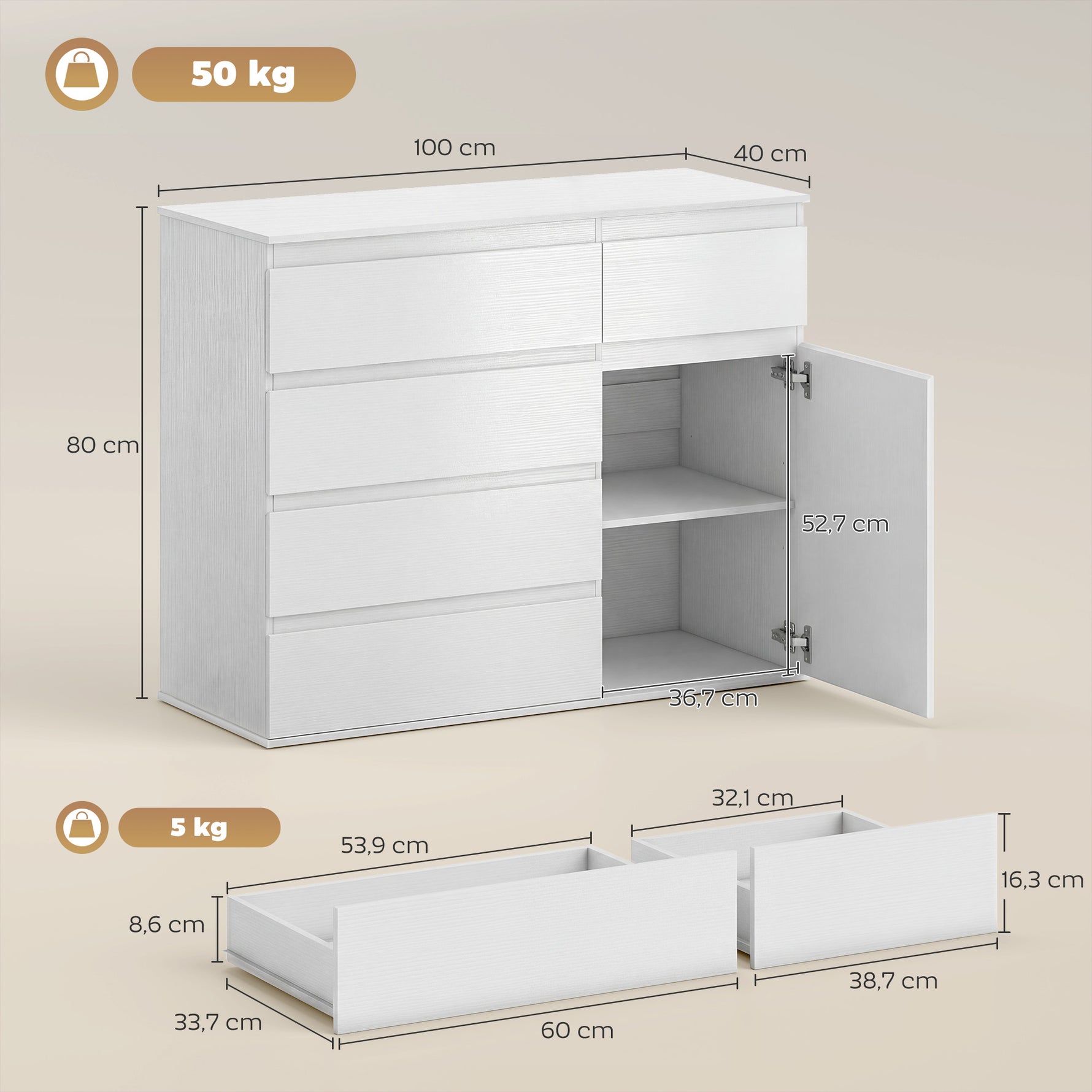 Commode 5 tiroirs, buffet salon, meuble de rangement, étagère réglable et porte à fermeture douce, 100x40x80cm, blanc