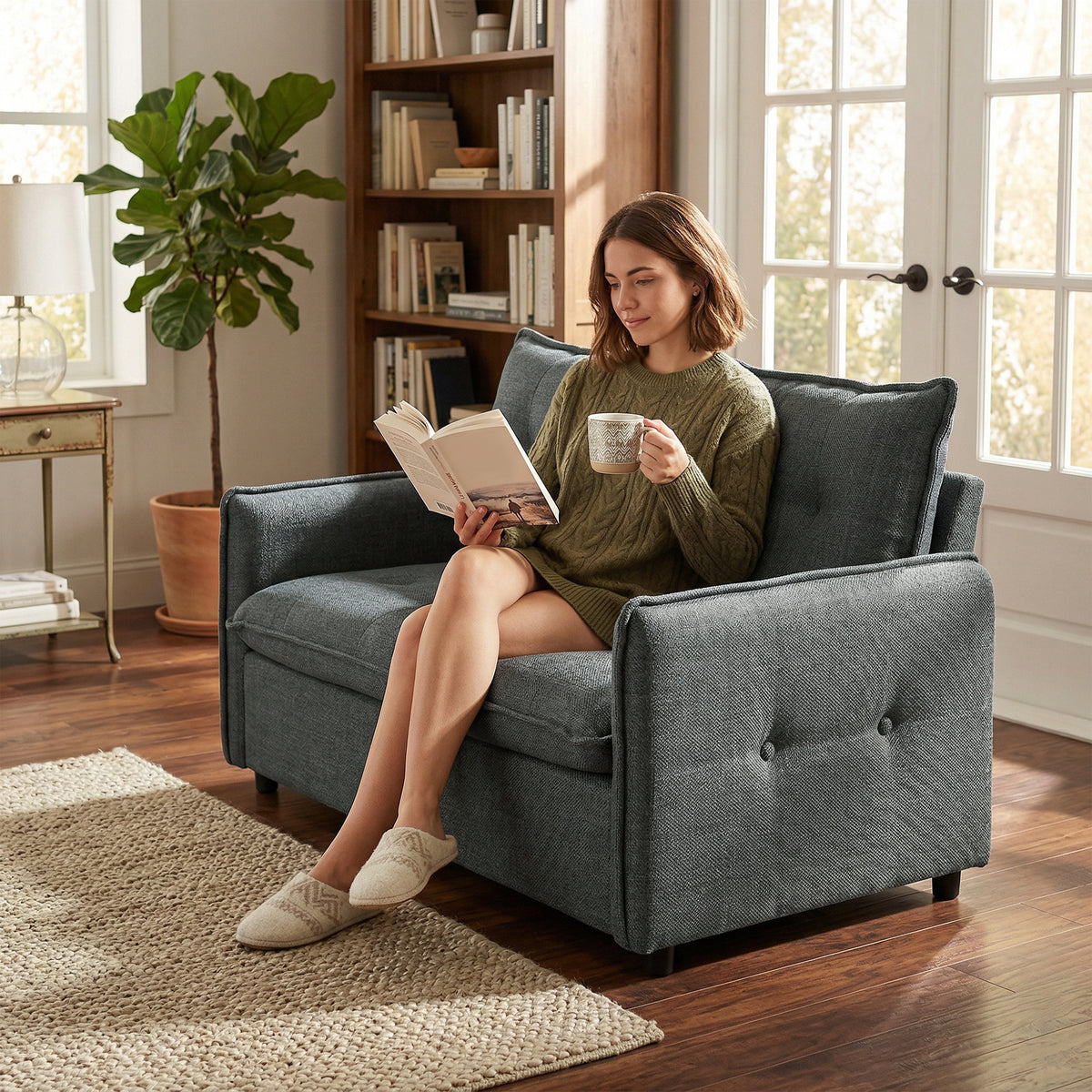 Canapé 2 places, canapé de salon moderne 131 cm avec assise rembourrée, coussins à ressorts, tissu en lin, gris foncé