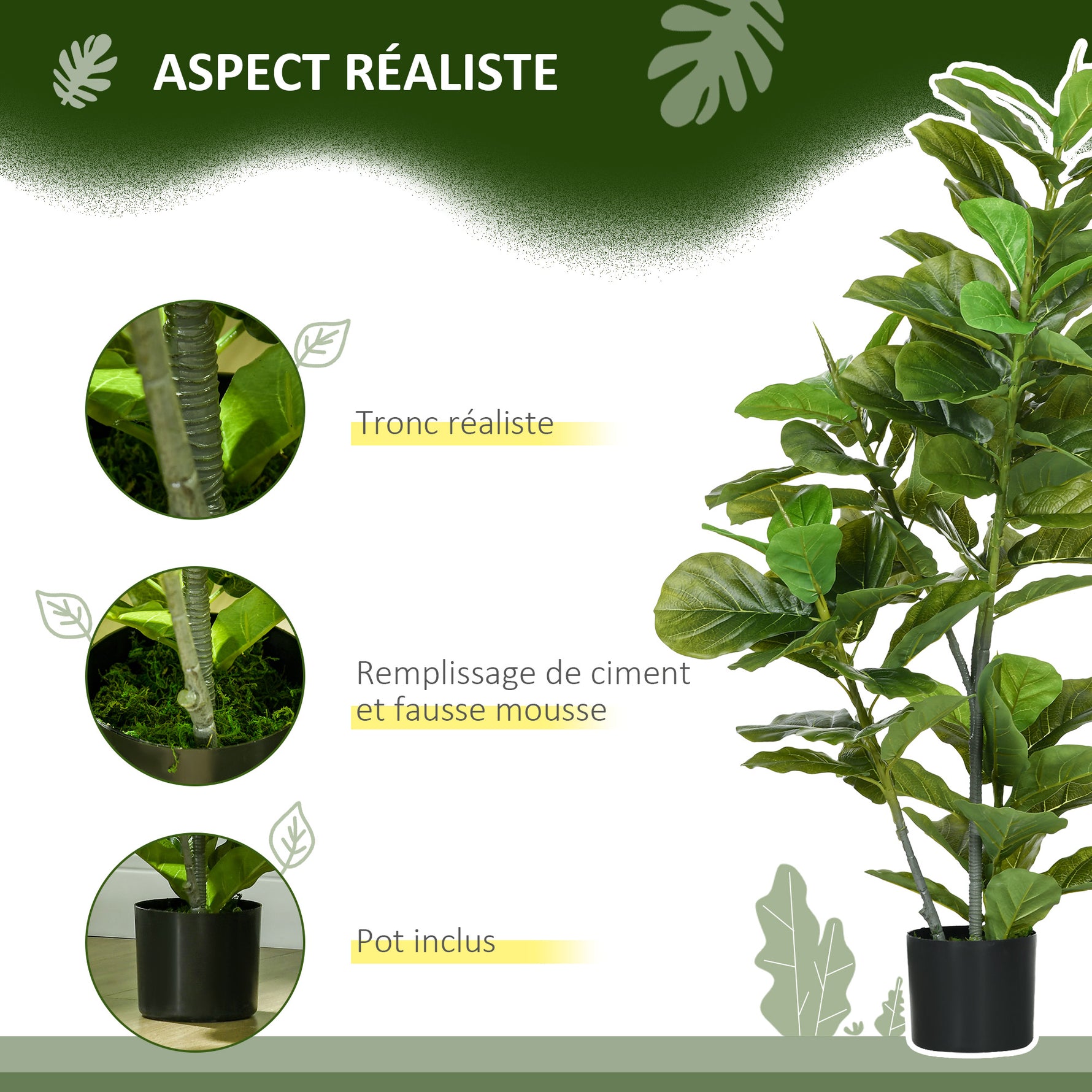Lot de 2 plantes artificielles figuiers artificiels à feuilles arbre artificiel avec pot inclus hauteur 110 cm vert