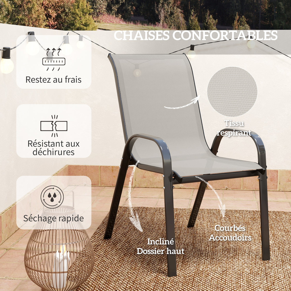 3 pièces salon de jardin extérieur ensemble de meubles 2 fauteuils empilables table basse dessus verre trempé gris clair