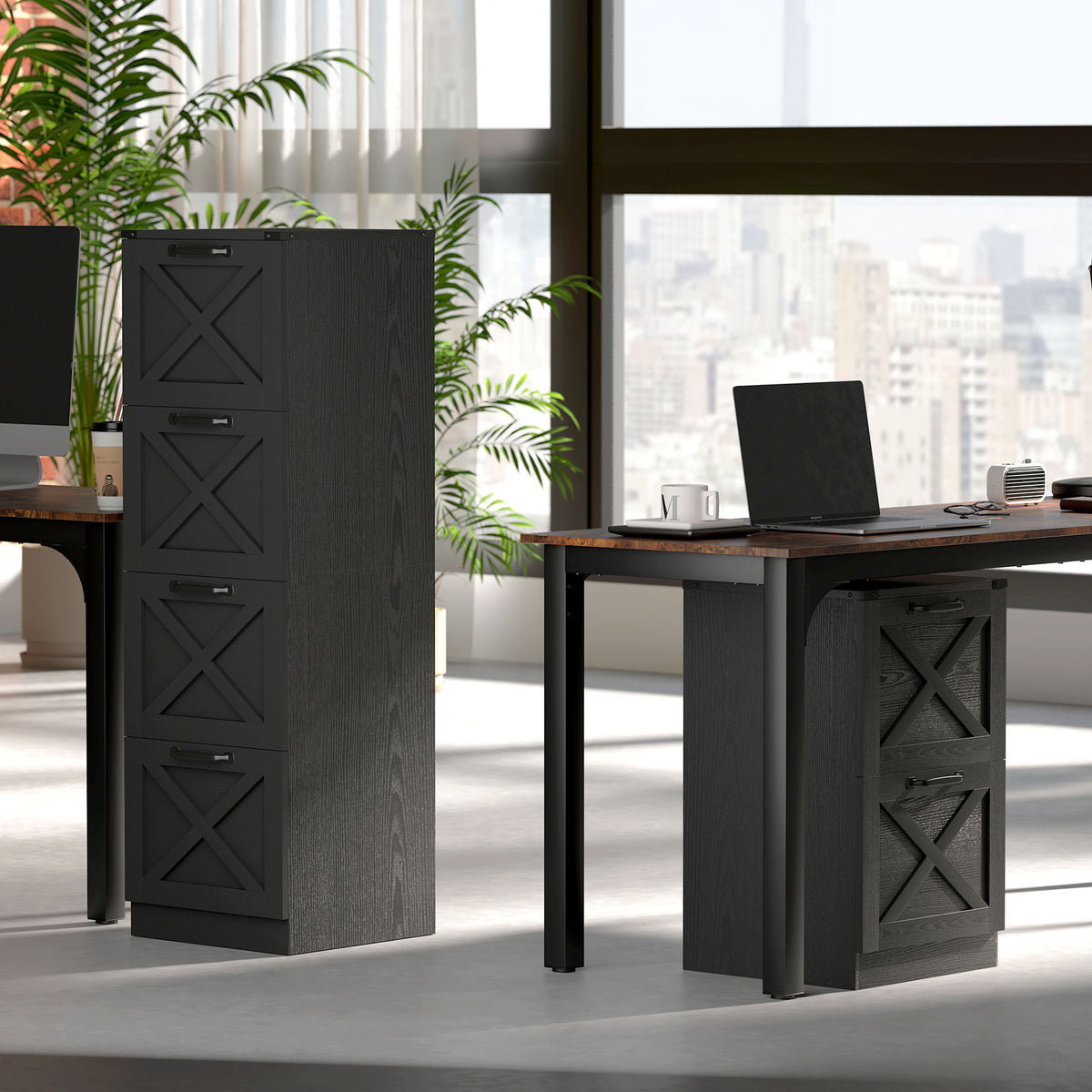 Caisson de Bureau avec 4 Tiroirs, Dossiers Suspendus pour Formats Lettre/A4, Style Rustique, 40x40x131cm, Noir