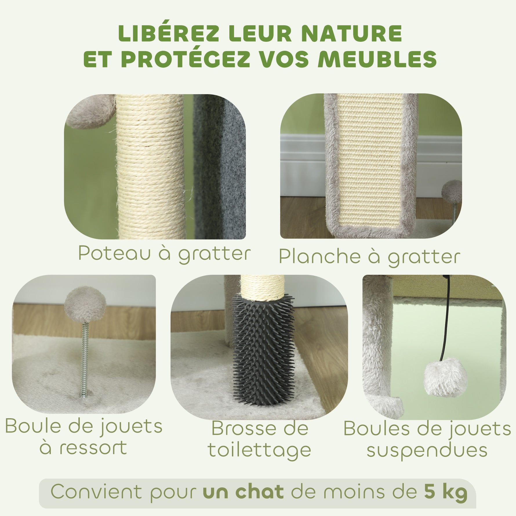 Arbre à chat, tour de jeux, hauteur de 104 cm, avec lit maison, brosse de toilettage,  44l x 34P x 104H cm, gris clair