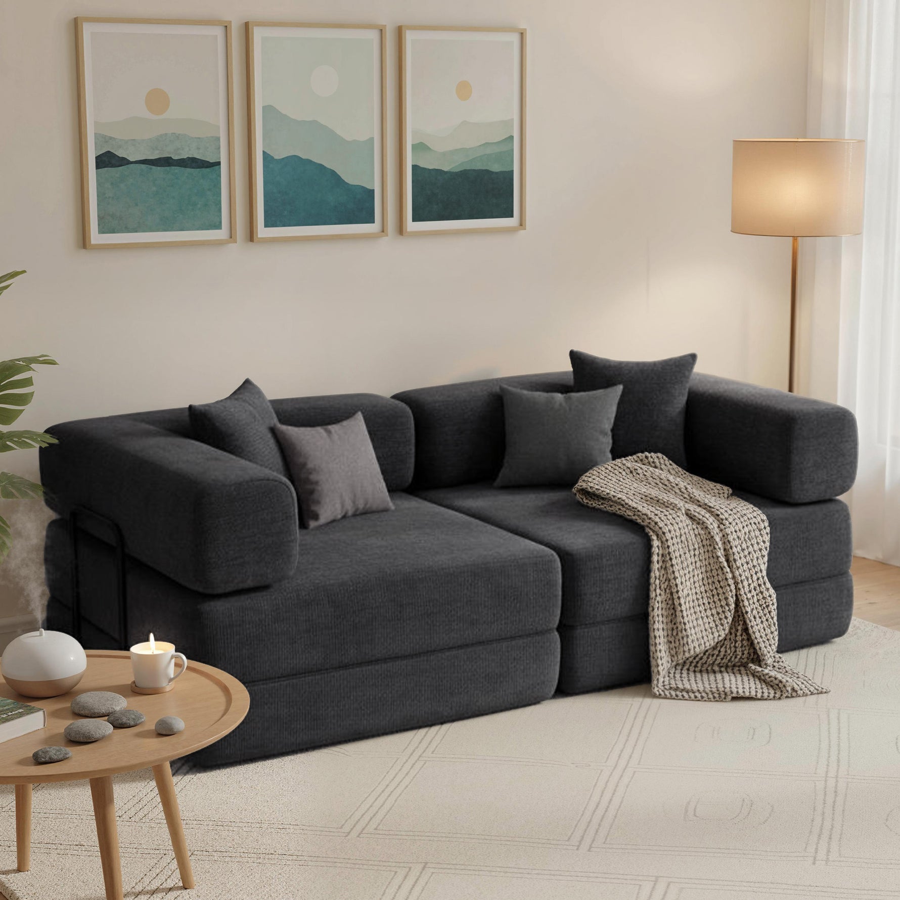 Canapé Convertible 2 Places, Canapé-Lit en Chenille 198 cm, Assise et Accoudoirs Larges, 2 Coussins, Gris Foncé