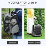 Sac de transport à roulettes pour chien 2 en 1 trolley chariot sac à dos pour chien chat avec poignée téléscopique, sacs de rangement, aérations, attache de sécurité, 42 x 25 x 55 cm, gris