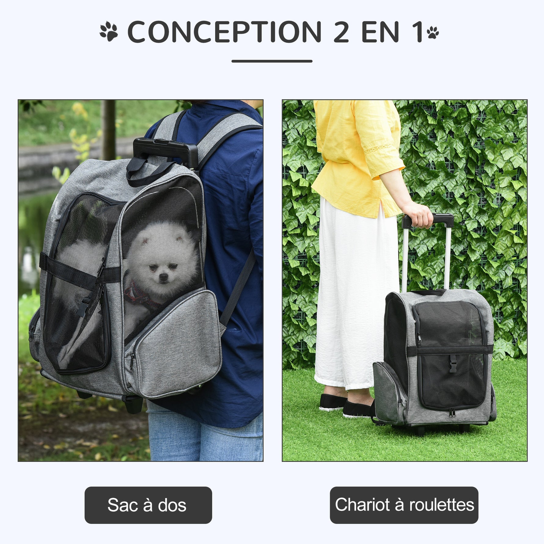 Sac de transport à roulettes pour chien 2 en 1 trolley chariot sac à dos pour chien chat avec poignée téléscopique, sacs de rangement, aérations, attache de sécurité, 42 x 25 x 55 cm, gris