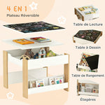 Ensemble 3 pièces table et 2 chaises pour enfant avec plateau réversible tableau noir, panier de rangement, étagères