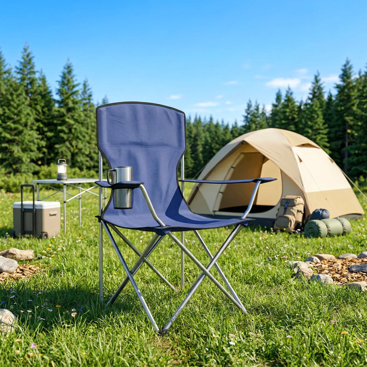 Lot de 2 Chaises de Camping Pliantes avec Porte-Gobelet, Sac de Transport, Dossier Haut, 88x57x97cm, Bleu Foncé
