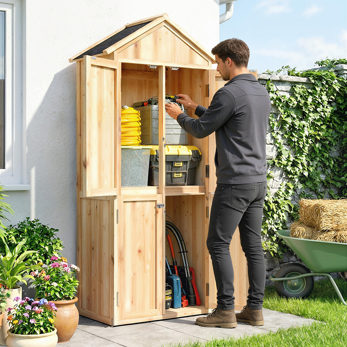 Gartenschrank aus Holz Geräteschuppen für den Außenbereich Satteldach mit Asphalt 82x50x190cm Naturholz