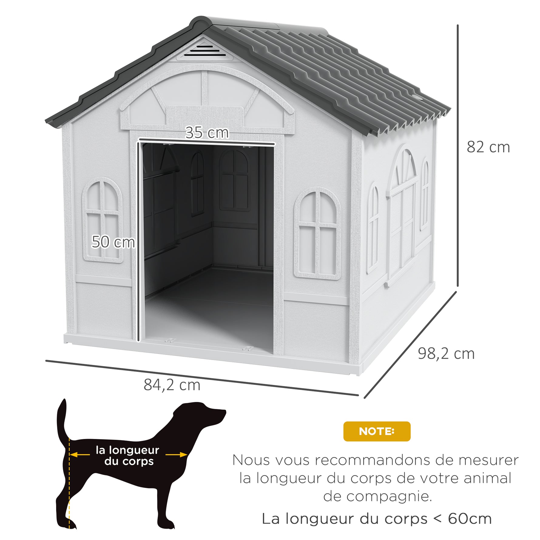 Niche pour Chien Extérieur avec Toit en Pente et Porte Avant Ouverte, pour Chiens Moyens et Grands, 84,2x98,2x82cm, Gris