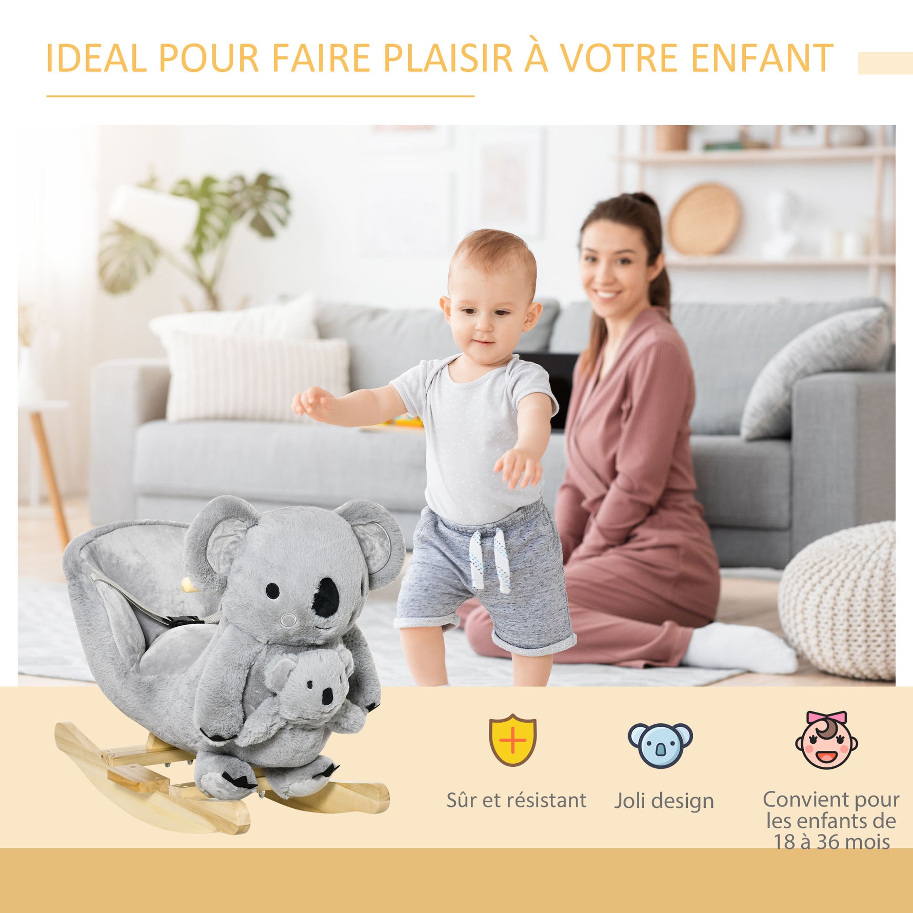 Jouet à Bascule Koala avec marionnette - Effet sonore Rugissement - Fauteuil intégré, Ceinture de sécurité - pour 18-36 mois - Bois peuplier Peluche Courte Polyester Gris