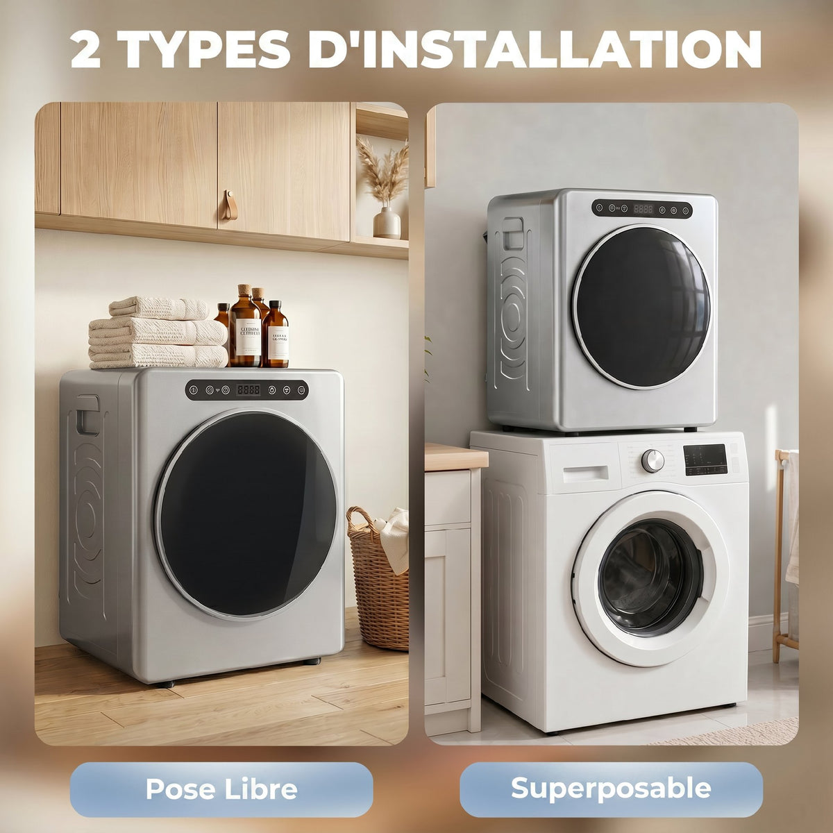 Ablufttrockner, elektrischer Wäschetrockner 1000 W 3 kg, 6 Trockenmodi, Timer, Edelstahl, silber
