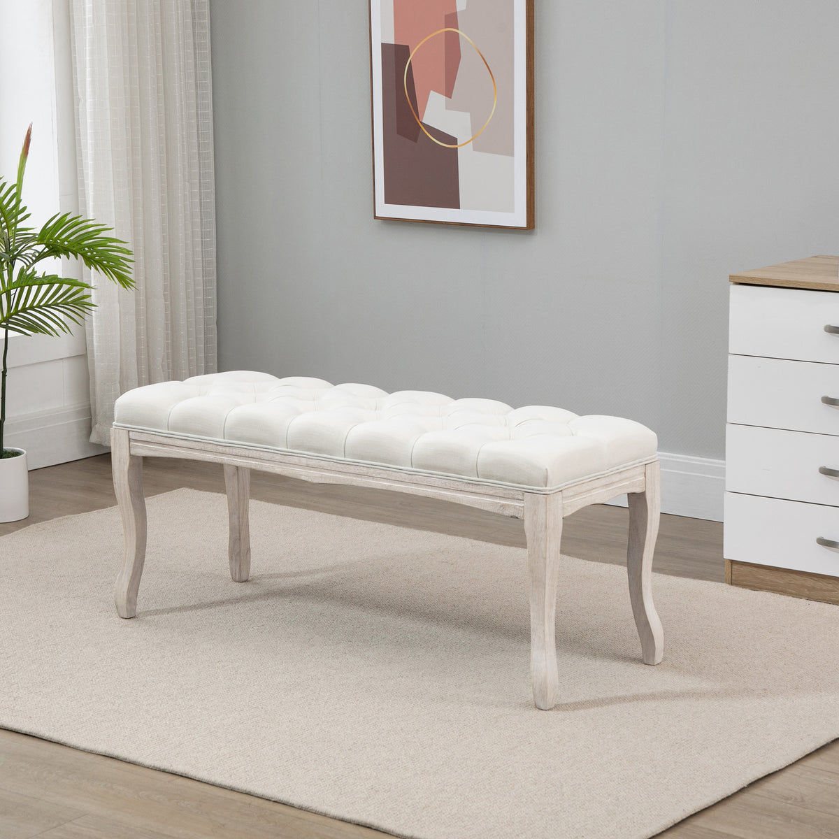 Panca imbottita in stile classico 110 cm, fondo letto, rivestita in lino, gambe in legno di hevea scolpito, beige