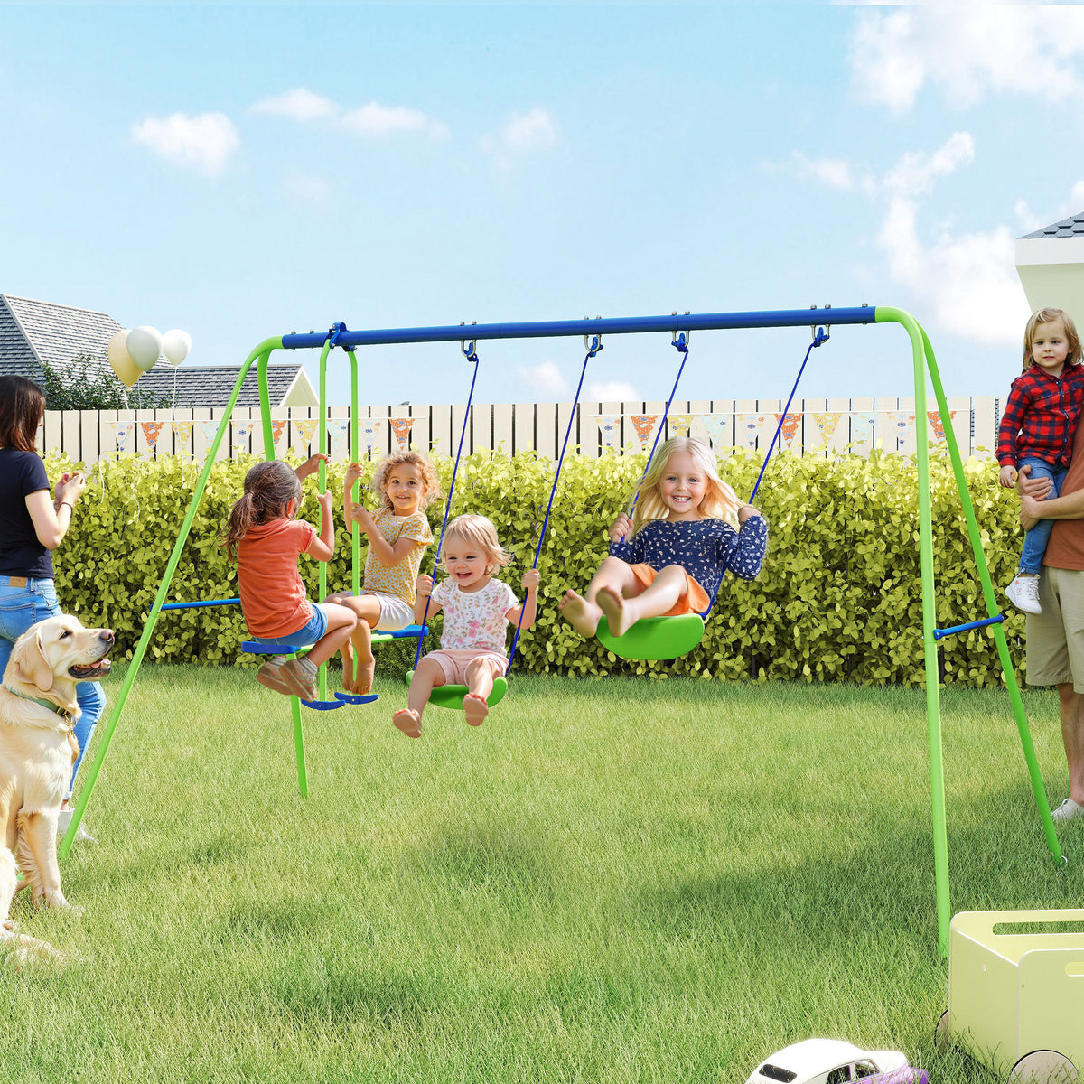 Balançoire portique pour enfant 3 en 1 avec 1 balançoire face à face et 2 sièges de balancelle, balançoire enfant extérieur cadre en A métal, hauteur réglable, charge 180kg, 3+ans, vert