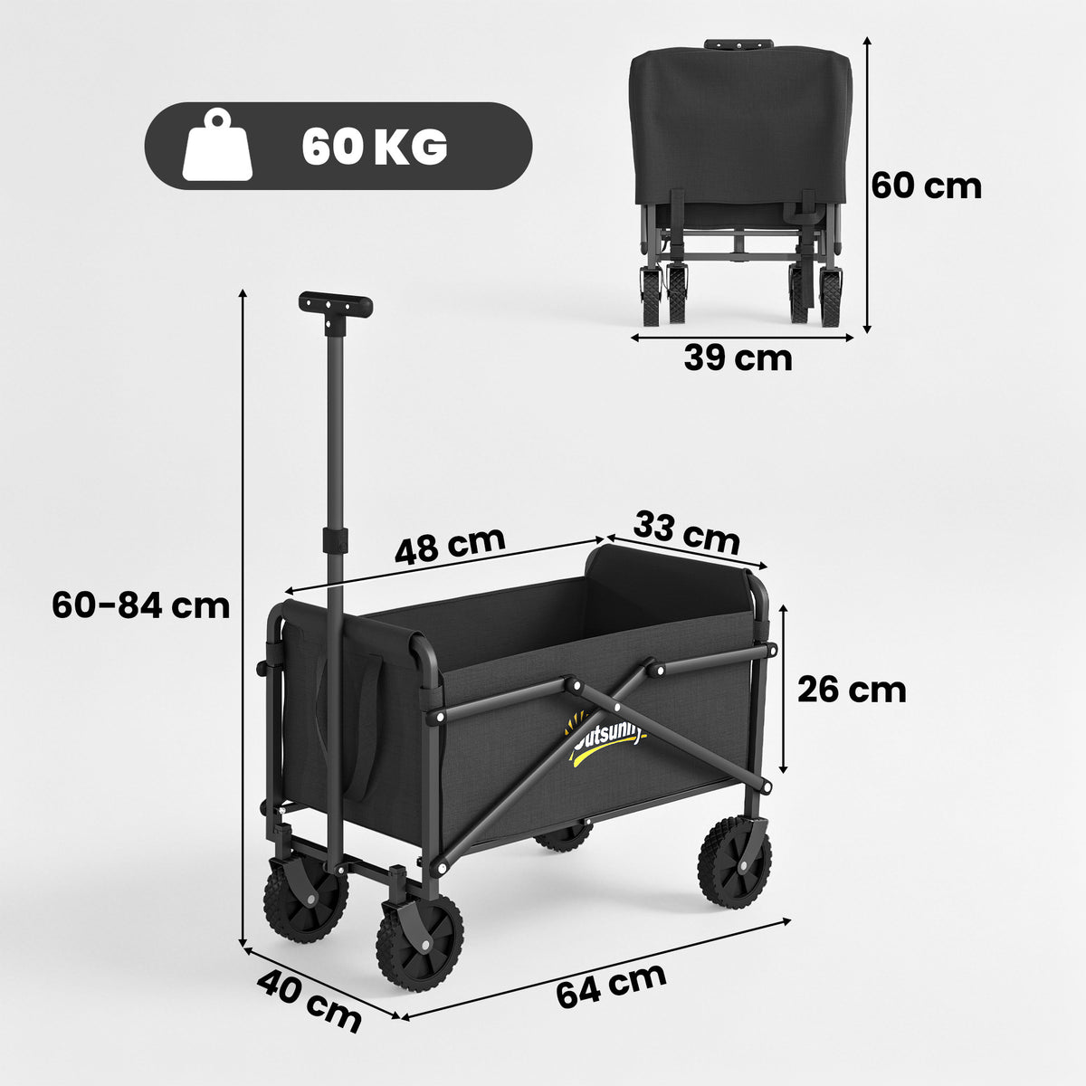 Carro de jardín carro de transporte con ruedas con mango ajustable, con bolsas de transporte 64 x 40 x 60-84 cm negro