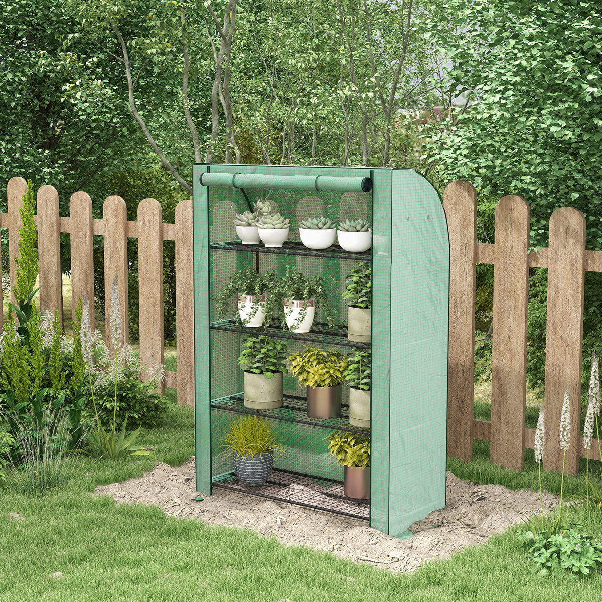 Mini serre de jardin à 4 étages avec bâche PE renforcée, porte enroulable et étagères 120 x 50 x 170 cm, vert