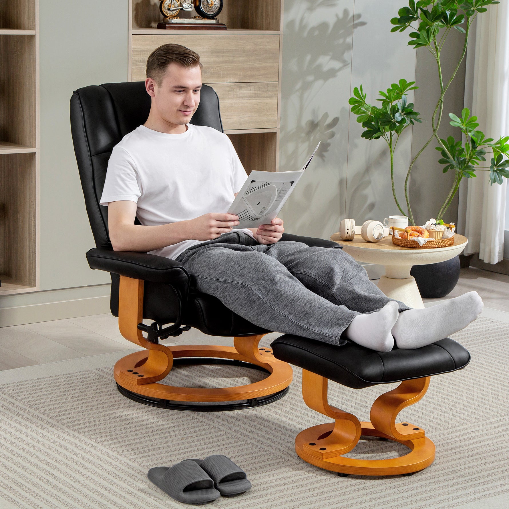 Fauteuil de relaxation inclinable avec repose-pied, pivotant, cadre en bois , revêtement synthétique noir