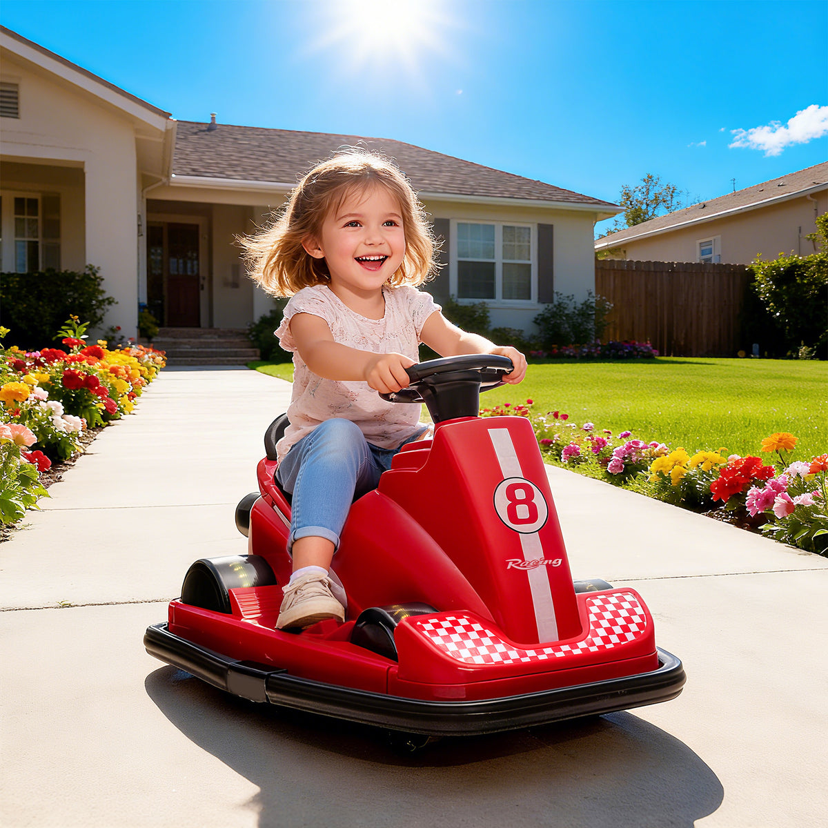6V Kinder-Autoscooter, 360°-Drehung, Musik, Hupe, Sanftanlauf, 2,5 km/h, für 3-8 Jahre, 74x53x48cm, Rot