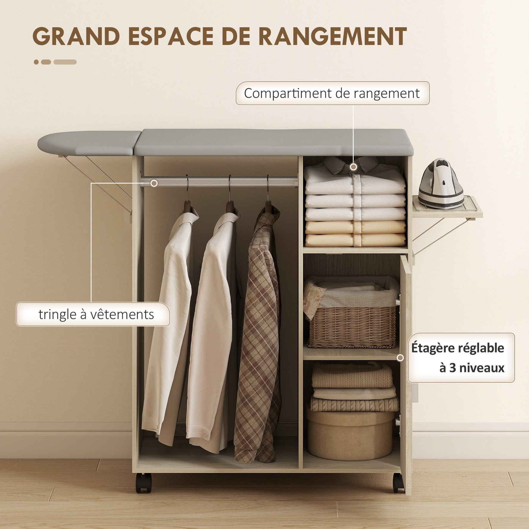 Armoire à repasser sur roulettes, table à repasser pliante, étagère réglable, barre de suspension, 127x42,5x99cm naturel