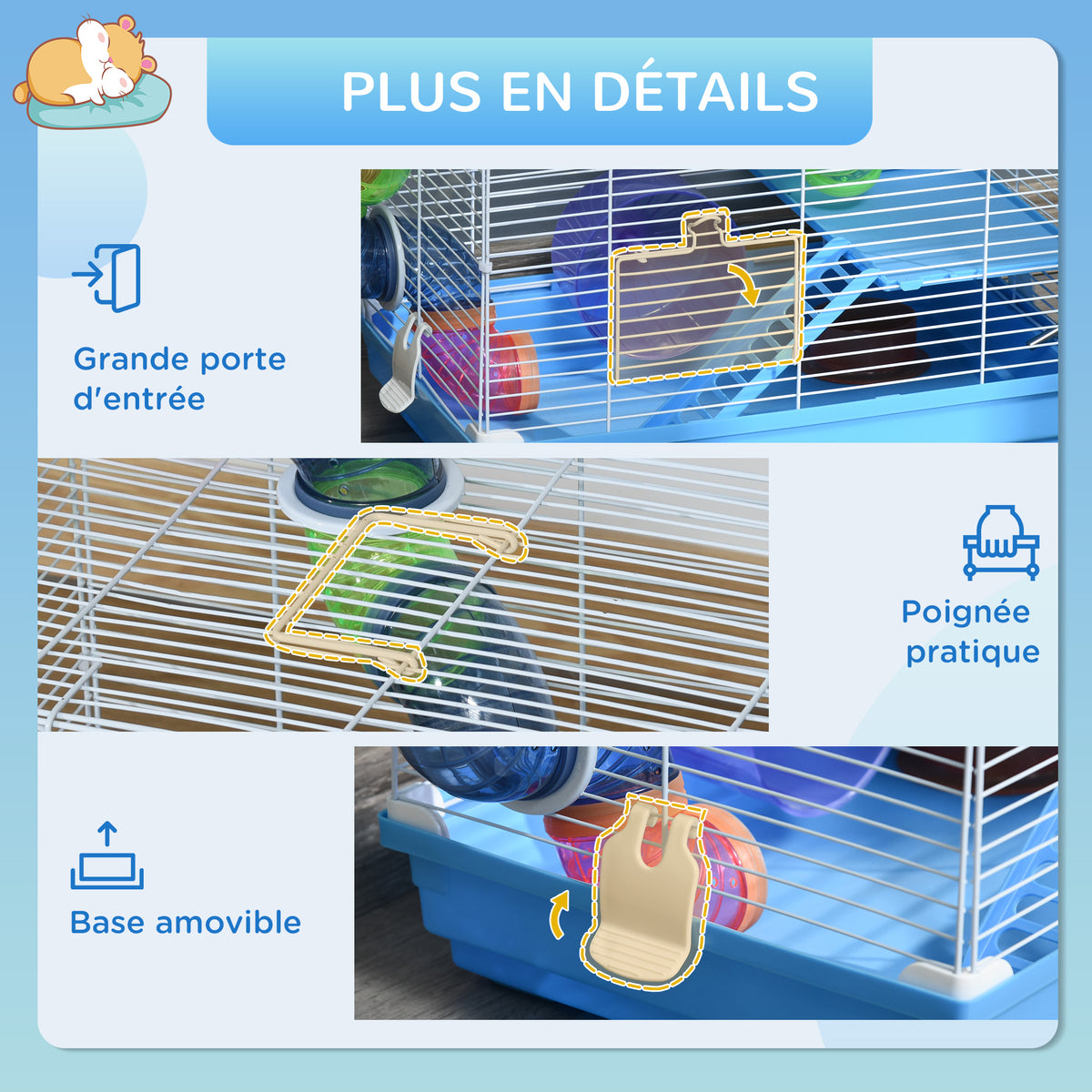 Jaula para hámster y roedor de 2 niveles con túnel, bebedero, rueda, casita y escaleras, dimensiones 46L x 30l x 37H cm, azul
