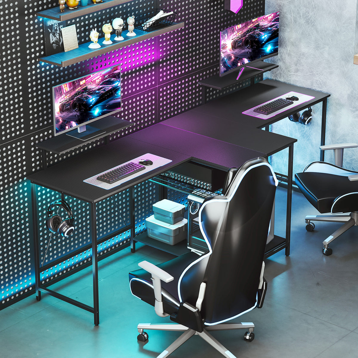 Bureau gaming réversible, bureau gaming d'angle, support pour écran, étagère en maille réglable, 114,5x82x91,5cm, noir