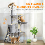 Albero per gatti, torre gioco stabile multi-livello con cuccia, 3 piattaforme e amaca, 60x35x134 cm, grigio