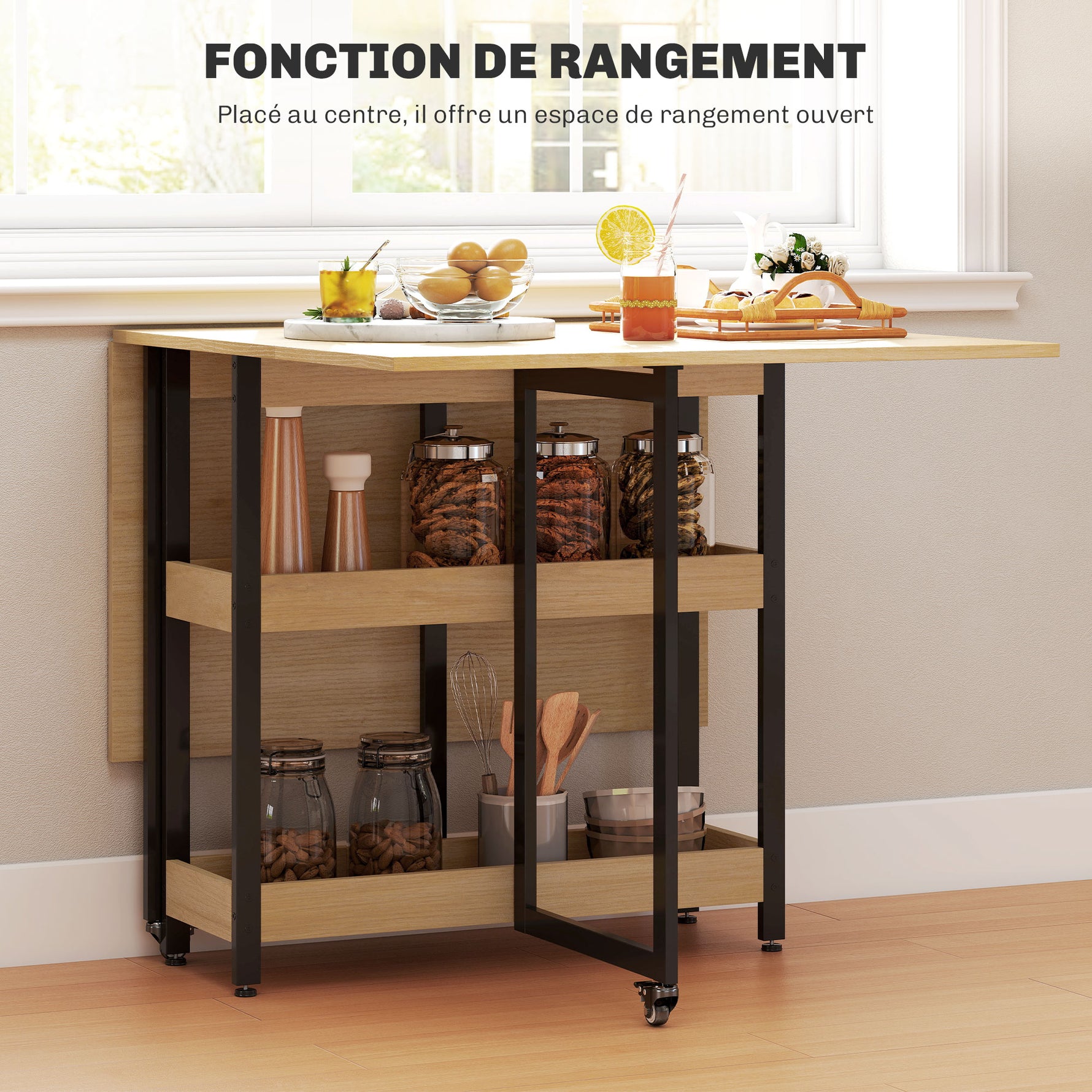 Table à manger pliante sur roulettes 4 personnes avec compartiments ouverts, pour petits espaces, salle à manger, chêne