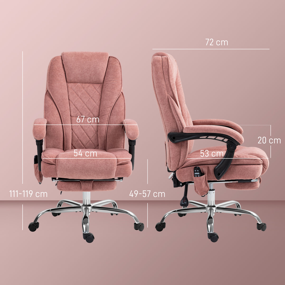 Fauteuil de bureau massant et chauffant hauteur réglable dossier inclinable télécommande repose-pieds rétractable rose