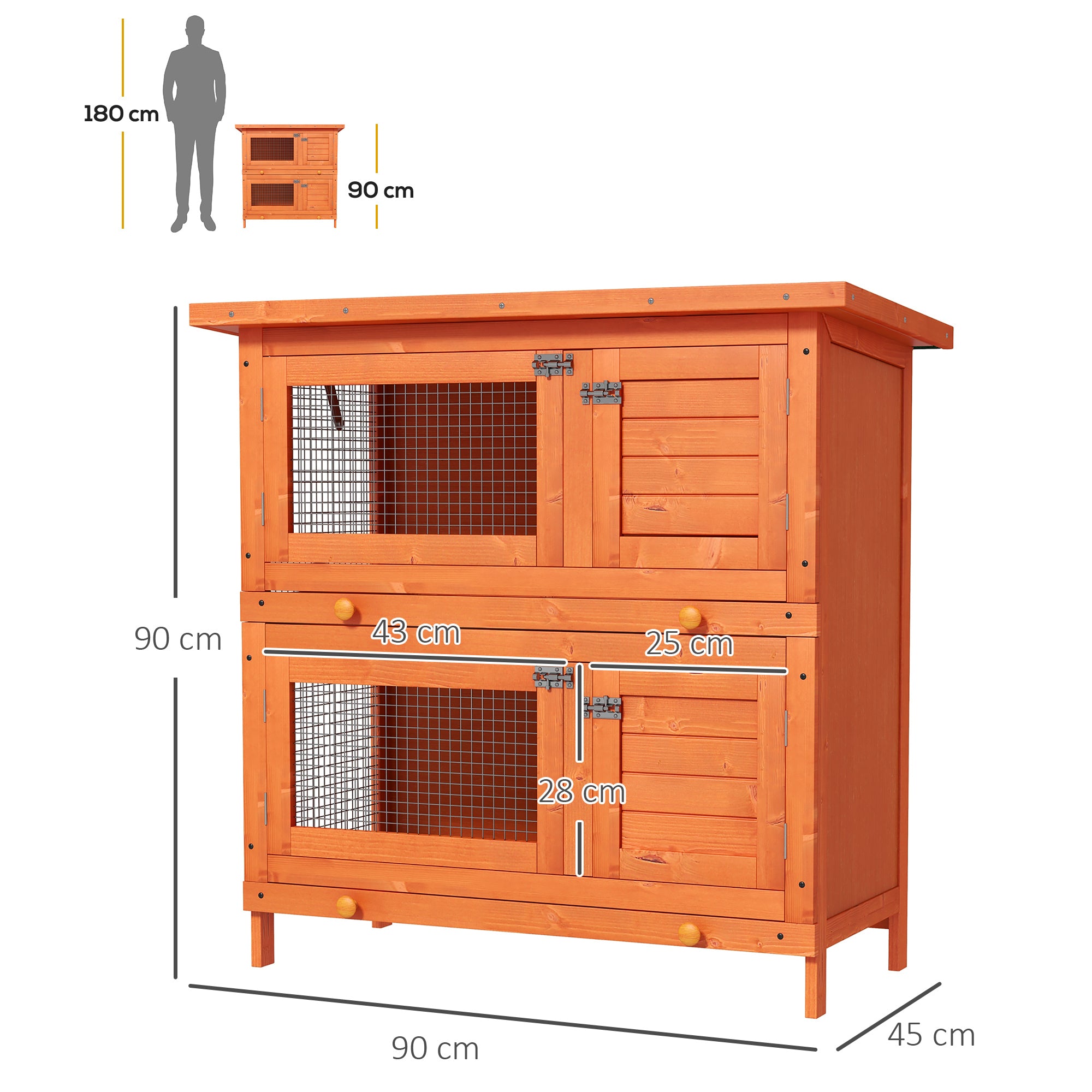 Clapier à lapin cage à lapin double niveau plateaux coulissants 4 portes verrouillables toit ouvrant 90L x 45l x 90H cm