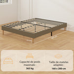 Estructura de cama de 160 x 200 cm con somier de láminas de madera, cama doble tapizada en pana, gris