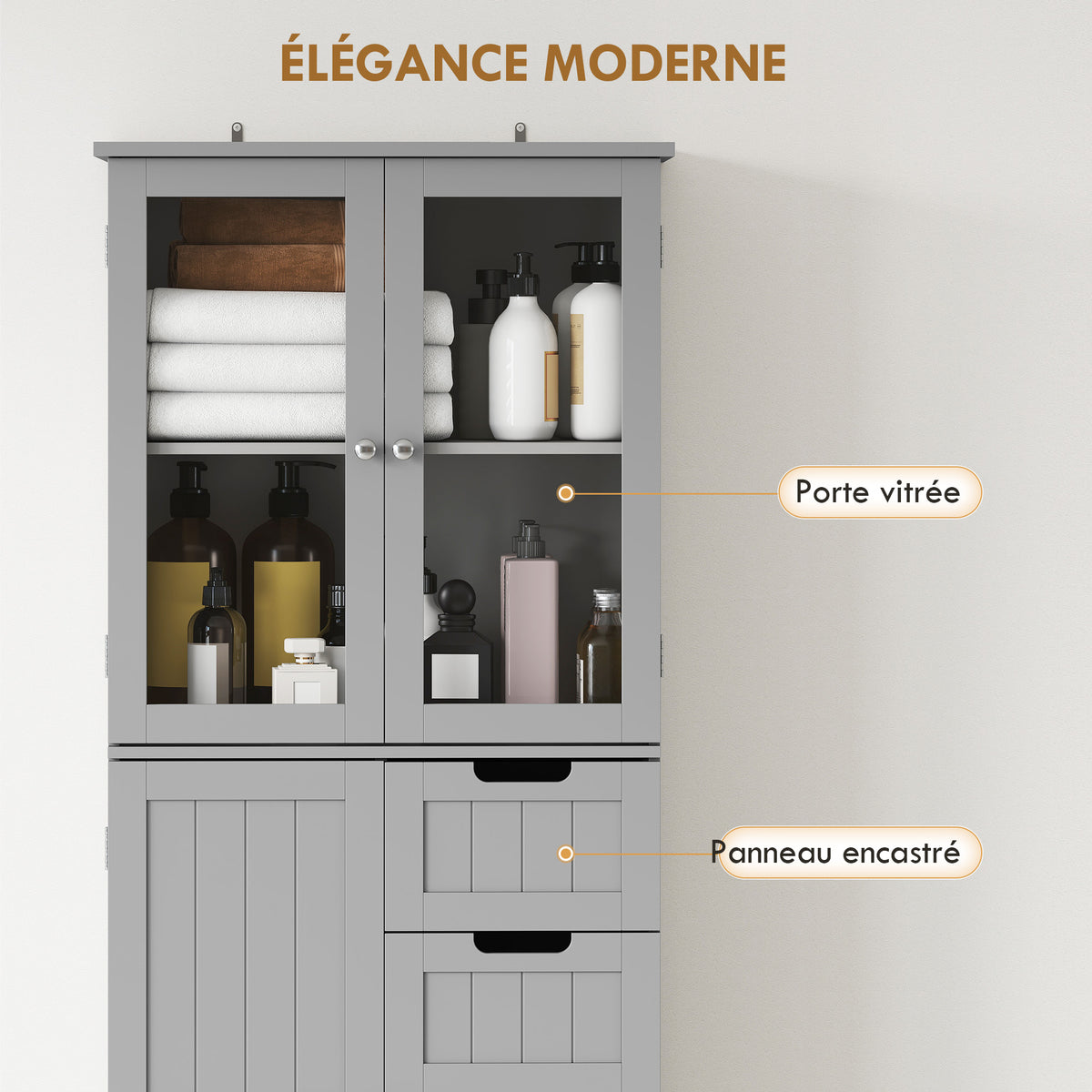 Meuble de salle de bain haut, meuble de rangement avec 4 portes dont 2 vitrées, 2 tiroirs et étagères réglables, gris