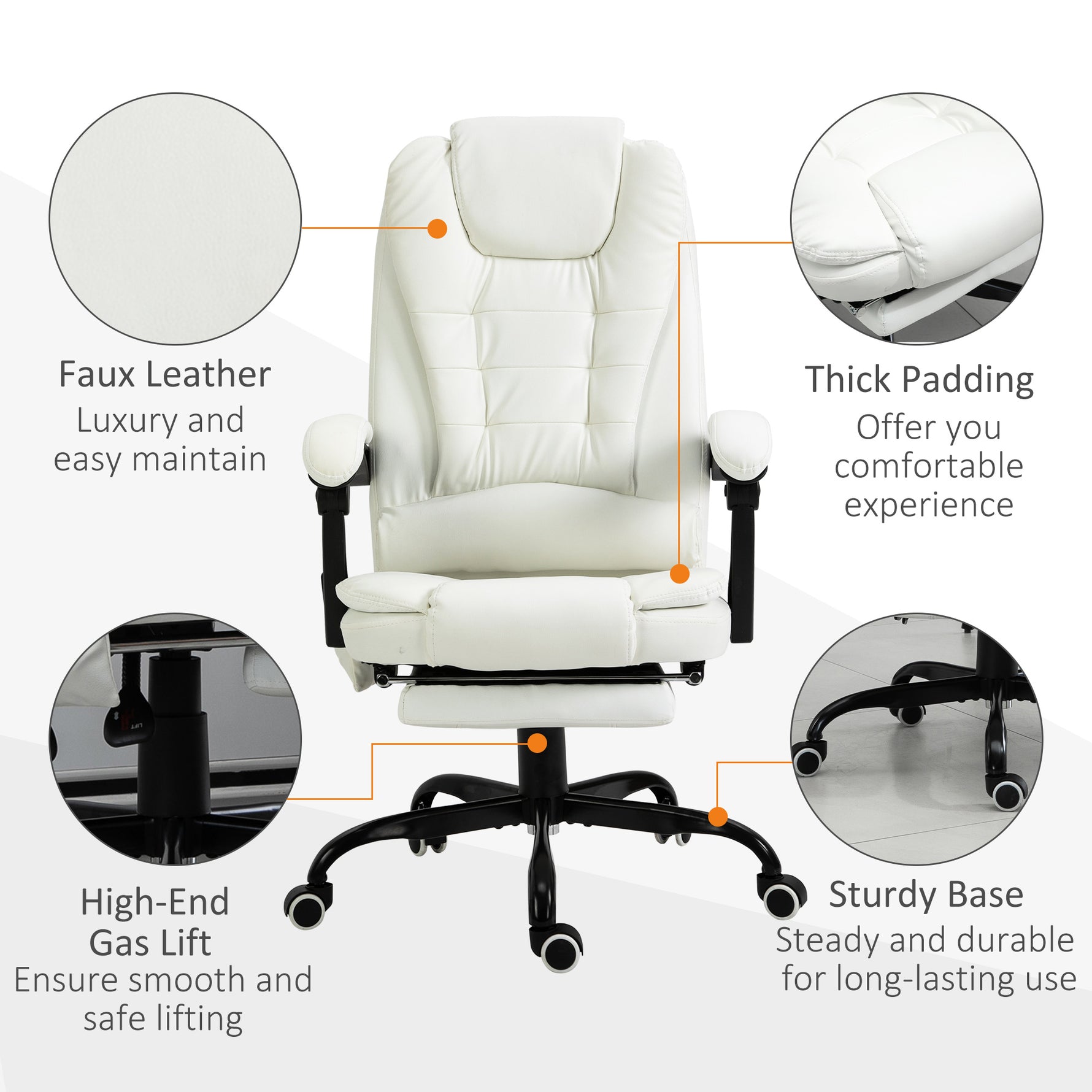 Fauteuil de Bureau Massant 7 Points, Chaise de Bureau Ergonomique avec Repose-pieds Rétractable, Dossier Inclinable 155°, Hauteur Réglable, Pivotant à 360°, télécommande Filaire, Blanc