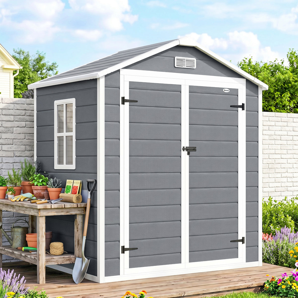 Abri de jardin cabanon en résine polypropylène 2,12 m² - 2 portes 1 fenêtre et 1 grille d'aération, toit à pignon, gris