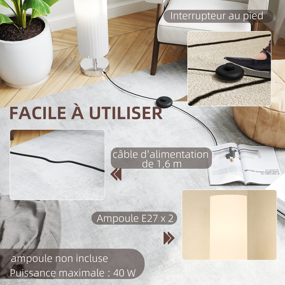 Zutabe-formako zutikako lanpara modernoa, argi leuna, 40 W, 14 L x 14 l x 120 H cm, altzairu herdoilgaitza, zuria