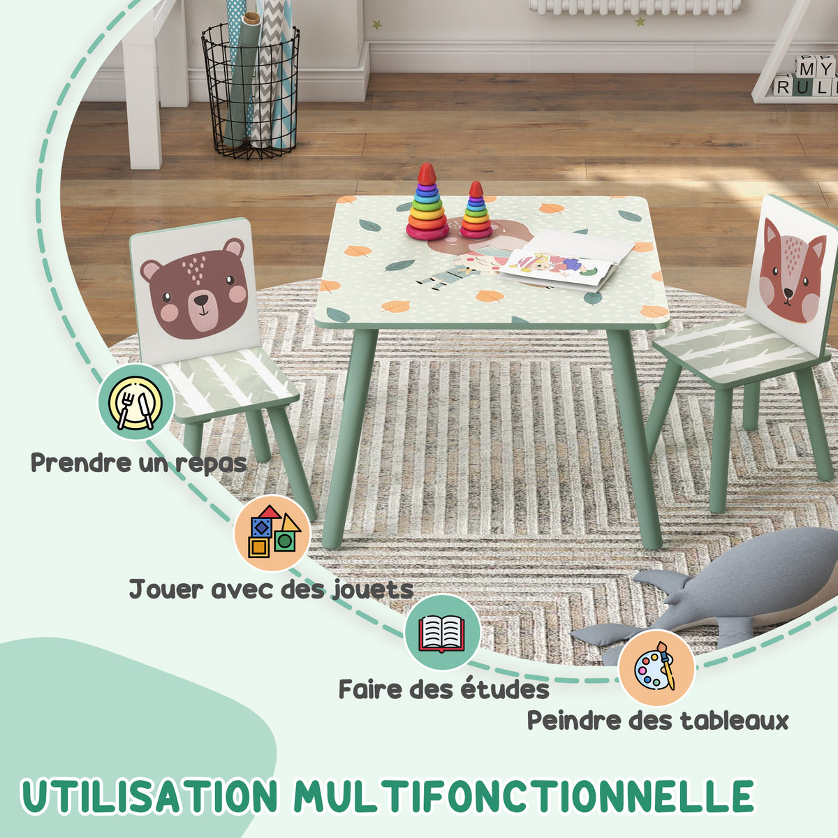 Table et 2 chaises pour enfants 3-8 ans ensemble 3 pièces motif animaux pour chambre à coucher salle de jeux vert