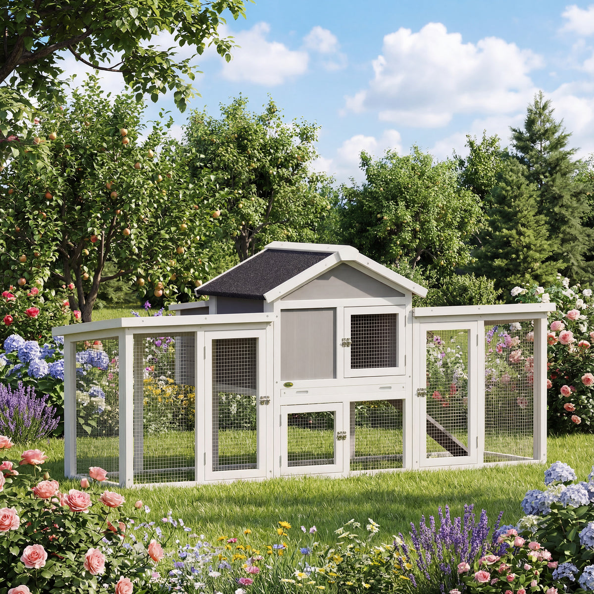 Poulailler clapier modèle chalet multi-équipé : rampes, nichoirs, plateau, en bois massif 204 x 85 x 93 cm gris